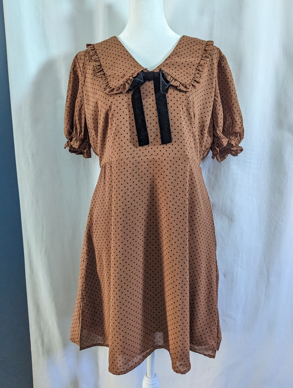 The Workshop Dress Brown With Black Polka Dots Ruffle Collar And Ribbon Large